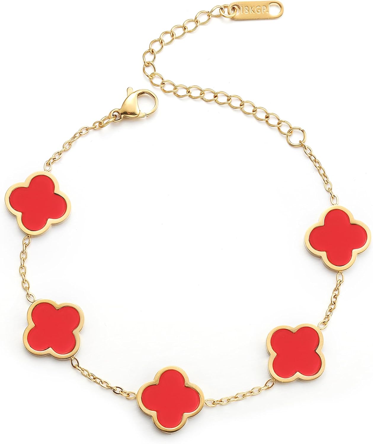 18K Gold Plated Clover Bracelet for Women - Four Leaf Flower Link Lucky Charm Jewelry in Black, White, Red, Pink, Blue and Green