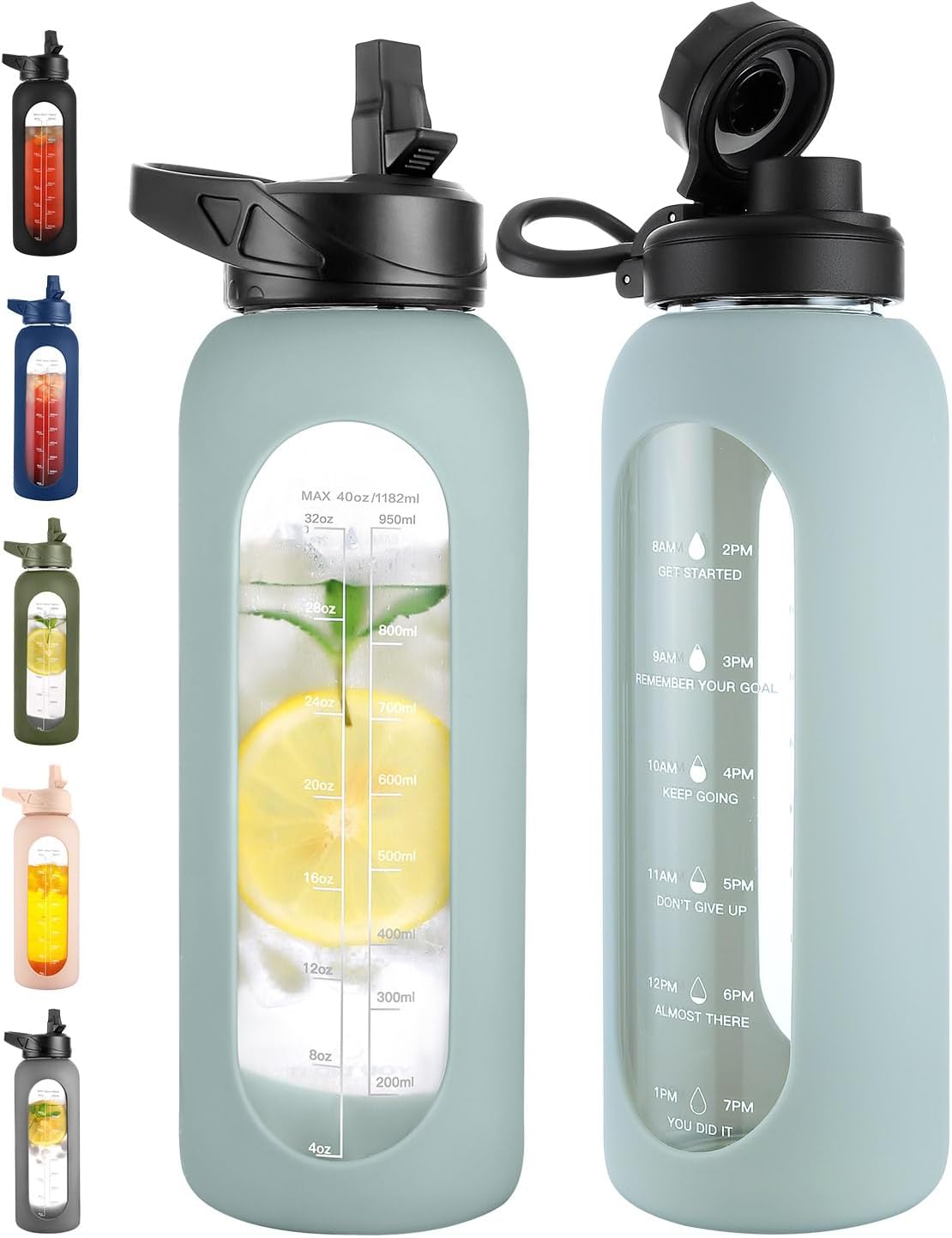 CIVAGO 32 Oz Glass Water Bottle – Leakproof Sports Flask with Straw, Handle, Silicone Sleeve, Time Marker & 2 Lids, Large Gym Water Jug, Black