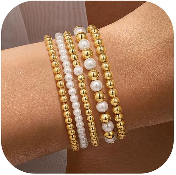 Yoosteel Gold Beaded Bracelets Set – 14K Gold Plated Stackable, Non-Tarnish Dainty Bead, Pearl & Cross Stackable Bracelets Jewelry for Women & Teen Girls