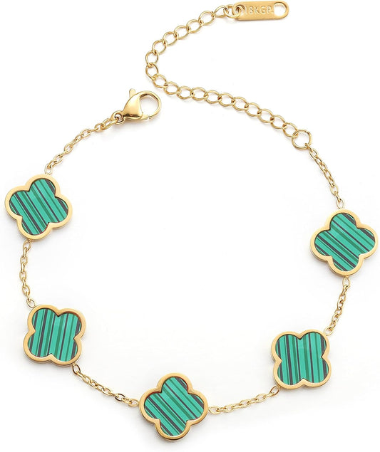 18K Gold Plated Clover Bracelet for Women - Four Leaf Flower Link Lucky Charm Jewelry in Black, White, Red, Pink, Blue and Green