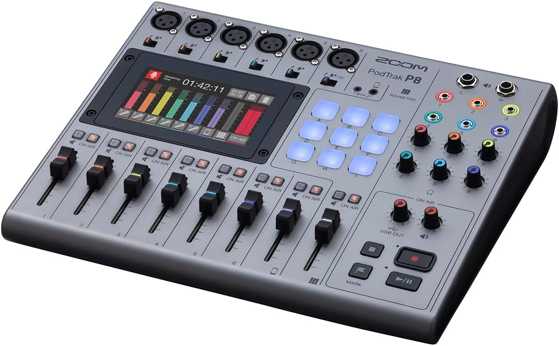 Zoom PodTrak P8 Podcast Recorder & Mixer – 6 XLR Mic Inputs, 6 Headphone Outputs, Phone Call Integration, Programmable Sound Pads, Onboard Editing, USB Audio Interface, Battery Powered Podcast Studio