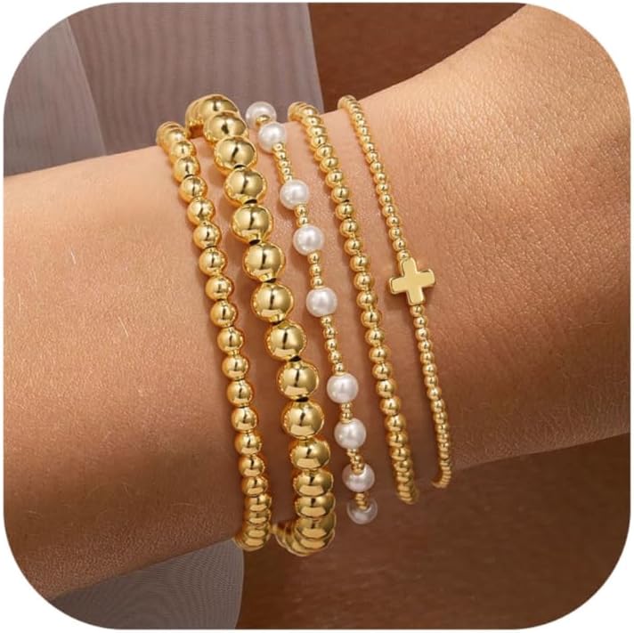 Yoosteel Gold Beaded Bracelets Set – 14K Gold Plated Stackable, Non-Tarnish Dainty Bead, Pearl & Cross Stackable Bracelets Jewelry for Women & Teen Girls