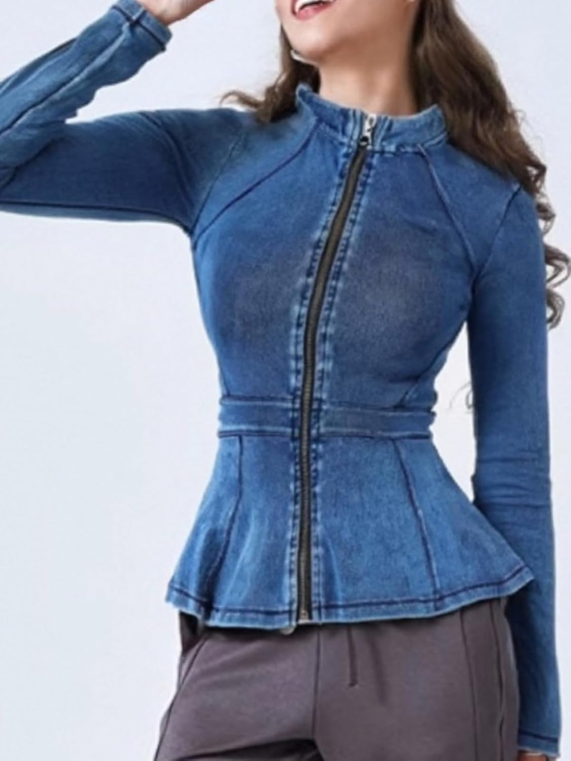 Casual Denim Peplum Jacket for Women – Long Sleeve Zip-Up Ruffle Waist Jacket, Athletic Workout Blazer Coat