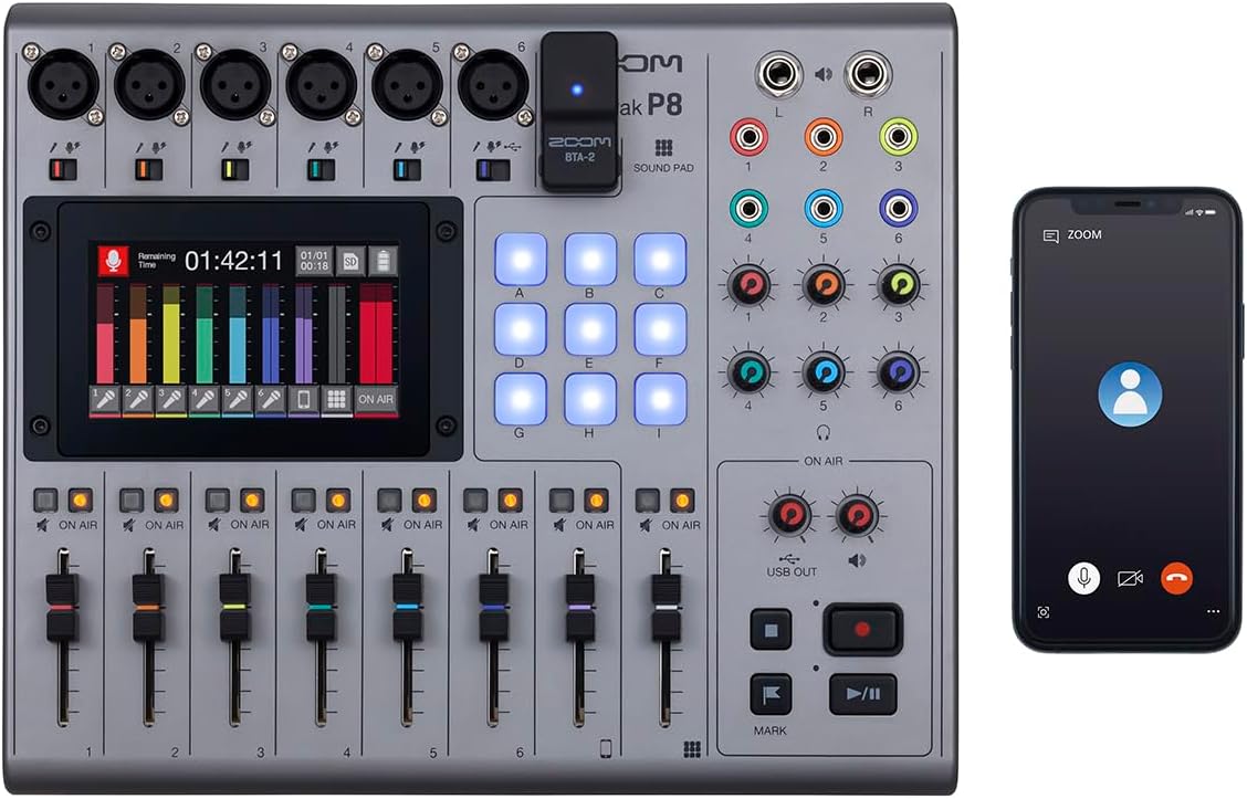 Zoom PodTrak P8 Podcast Recorder & Mixer – 6 XLR Mic Inputs, 6 Headphone Outputs, Phone Call Integration, Programmable Sound Pads, Onboard Editing, USB Audio Interface, Battery Powered Podcast Studio