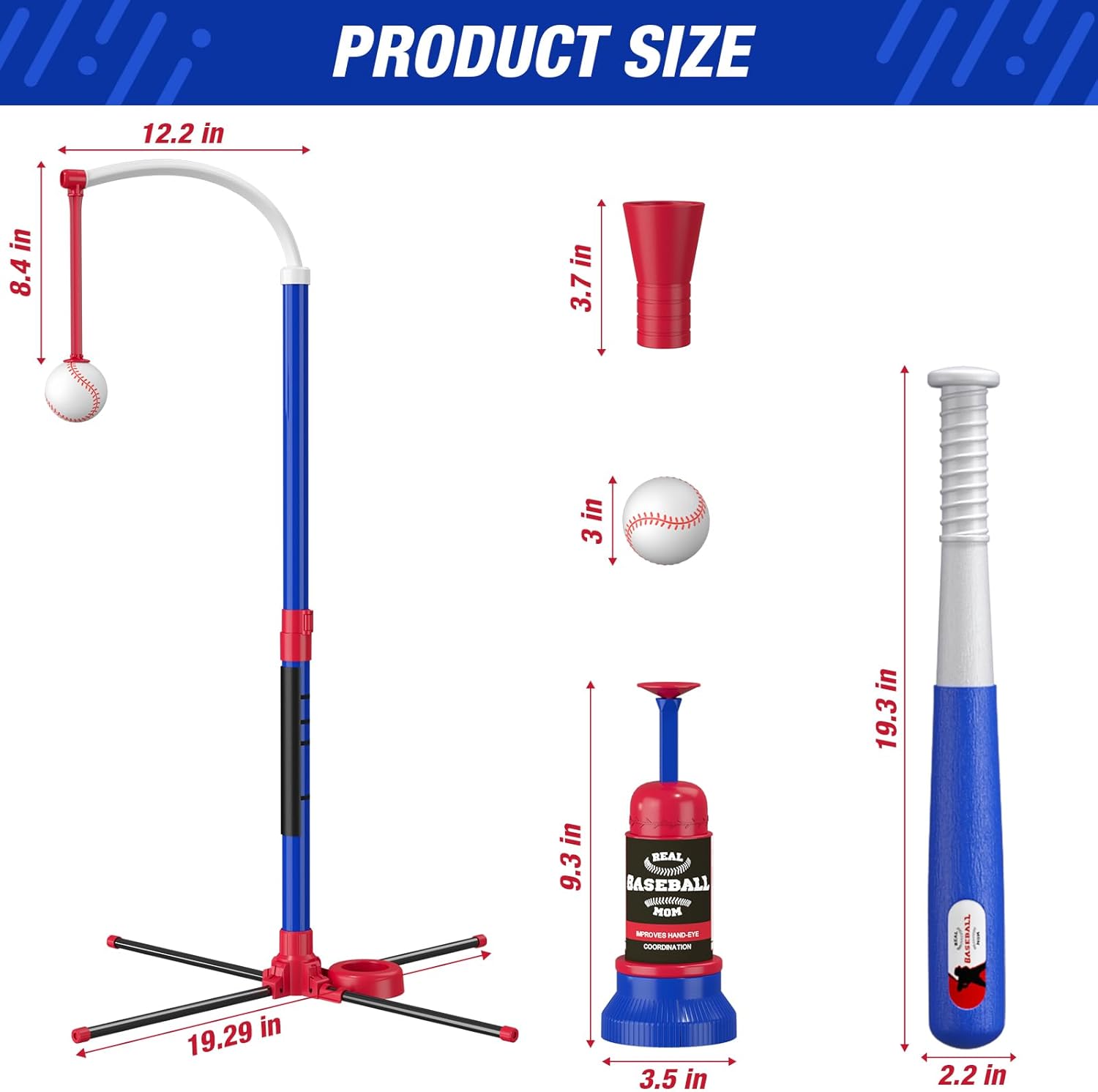 Kids 3-in-1 Baseball Set for Toddler Ages 3–5 – Adjustable Tee Ball Stand with Hanging Tee, Ball Launcher, 6 Softballs for Boys & Girls