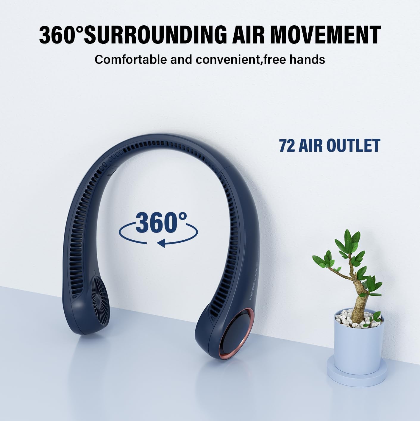 Morelax Rechargeable Neck Fan – Hands-Free Bladeless Portable Cooling Fan with 4000mAh Battery, 3-Speed 360° Airflow, Ultra Quiet Wearable Fan for Travel, Office, Sports & Outdoor Use