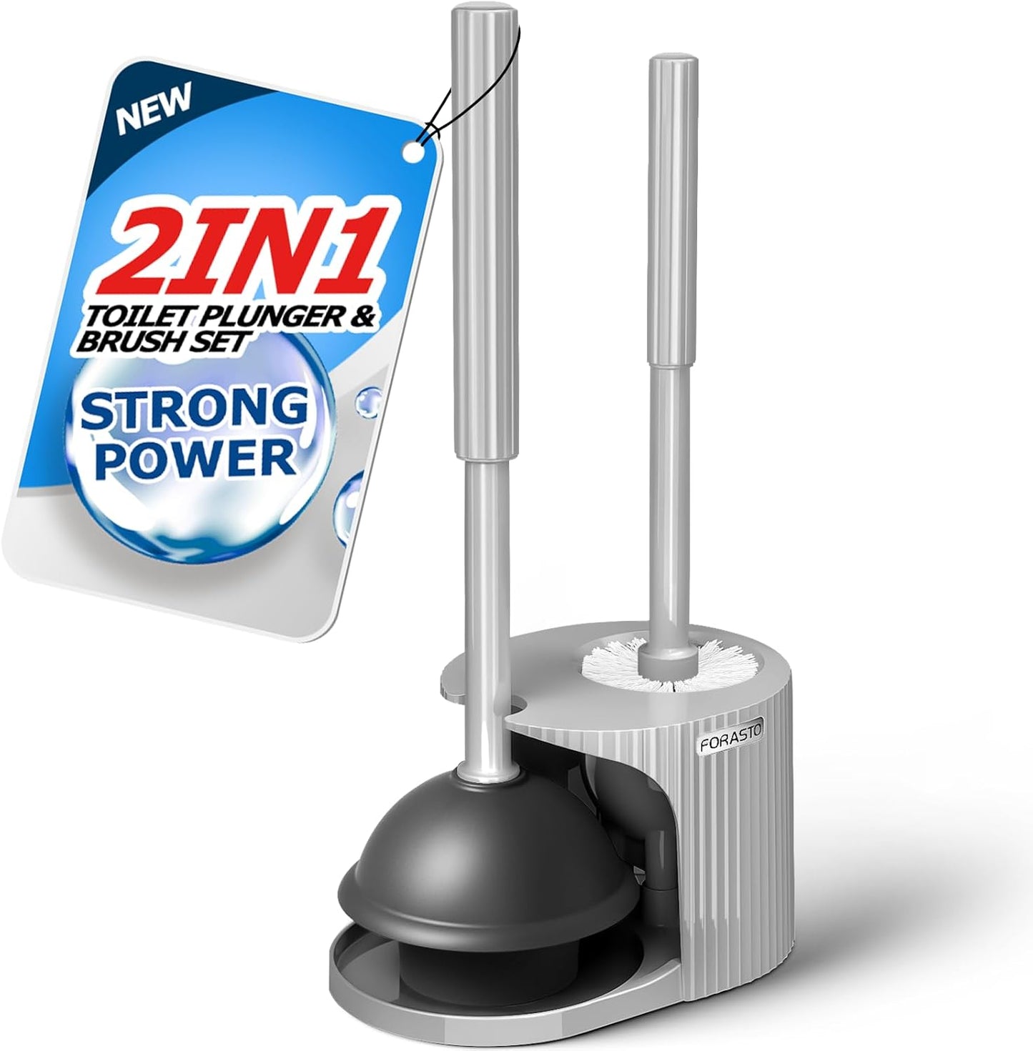 FORASTO 2-in-1 Toilet Plunger & Brush Set – Extended Handle Plunger with Toilet Bowl Brush, Bathroom Cleaning Tools & Supplies
