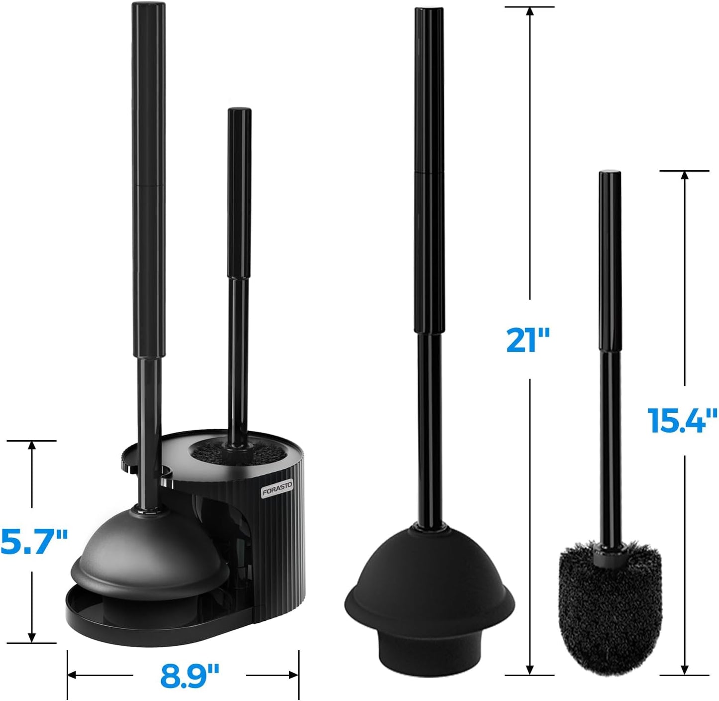 FORASTO 2-in-1 Toilet Plunger & Brush Set – Extended Handle Plunger with Toilet Bowl Brush, Bathroom Cleaning Tools & Supplies