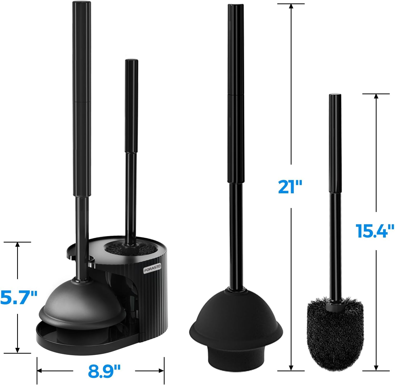 FORASTO 2-in-1 Toilet Plunger & Brush Set – Extended Handle Plunger with Toilet Bowl Brush, Bathroom Cleaning Tools & Supplies