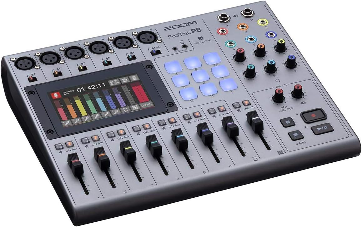 Zoom PodTrak P8 Podcast Recorder & Mixer – 6 XLR Mic Inputs, 6 Headphone Outputs, Phone Call Integration, Programmable Sound Pads, Onboard Editing, USB Audio Interface, Battery Powered Podcast Studio