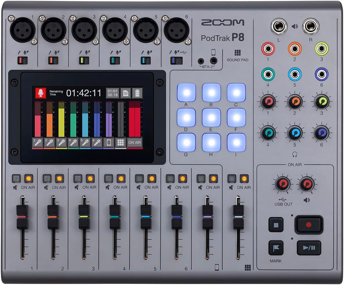 Zoom PodTrak P8 Podcast Recorder & Mixer – 6 XLR Mic Inputs, 6 Headphone Outputs, Phone Call Integration, Programmable Sound Pads, Onboard Editing, USB Audio Interface, Battery Powered Podcast Studio