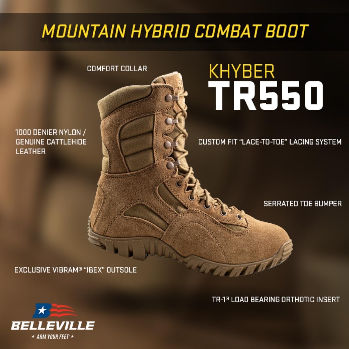 Belleville Khyber TR550 Combat Boots – AR 670-1 Compliant Tactical Boots with Superior Traction, Orthotic Support, Full-Grain Leather & Moisture-Wicking Technology