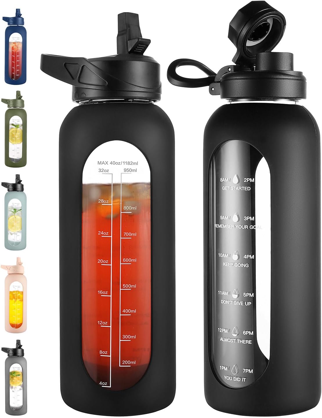 CIVAGO 32 Oz Glass Water Bottle – Leakproof Sports Flask with Straw, Handle, Silicone Sleeve, Time Marker & 2 Lids, Large Gym Water Jug, Black