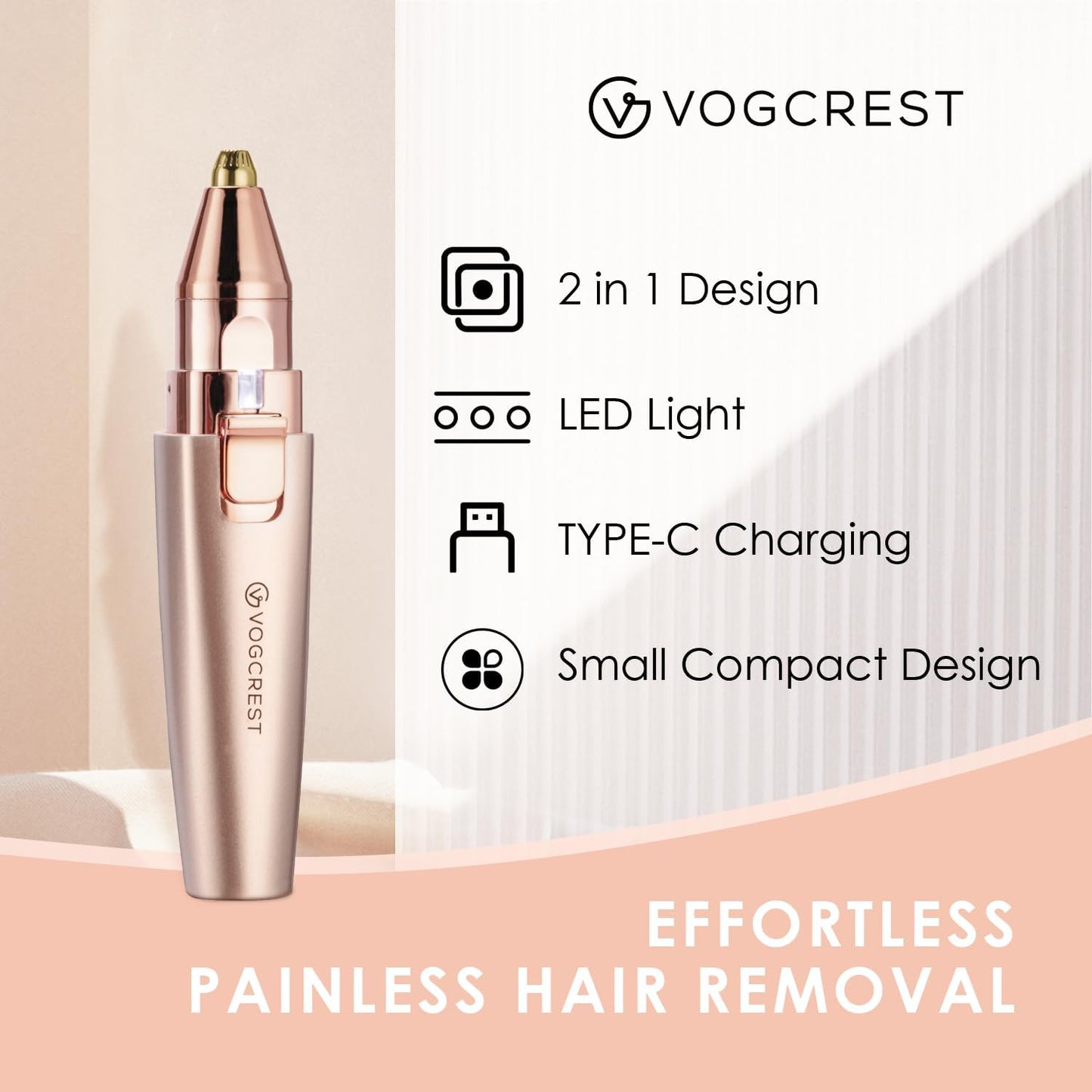 VG VOGCREST Eyebrow & Facial Trimmer – 2-in-1 Rechargeable Facial Hair Removal & Eyebrow Shaver with LED Light (Rose Gold)