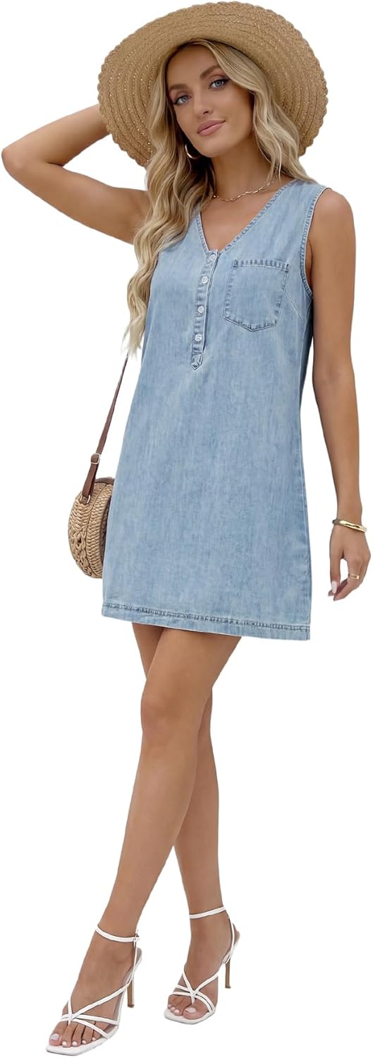 Rooscier Women's Sleeveless V-Neck Button Front Denim Mini Dress – Casual Summer Jean Dress with Pockets