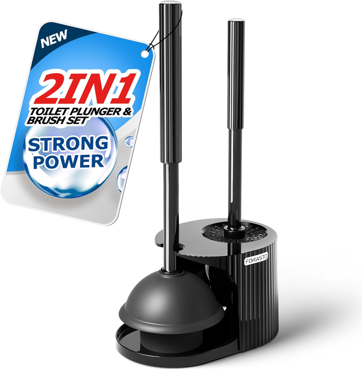 FORASTO 2-in-1 Toilet Plunger & Brush Set – Extended Handle Plunger with Toilet Bowl Brush, Bathroom Cleaning Tools & Supplies