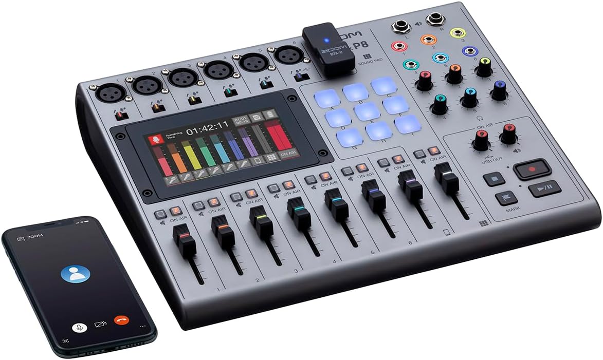 Zoom PodTrak P8 Podcast Recorder & Mixer – 6 XLR Mic Inputs, 6 Headphone Outputs, Phone Call Integration, Programmable Sound Pads, Onboard Editing, USB Audio Interface, Battery Powered Podcast Studio