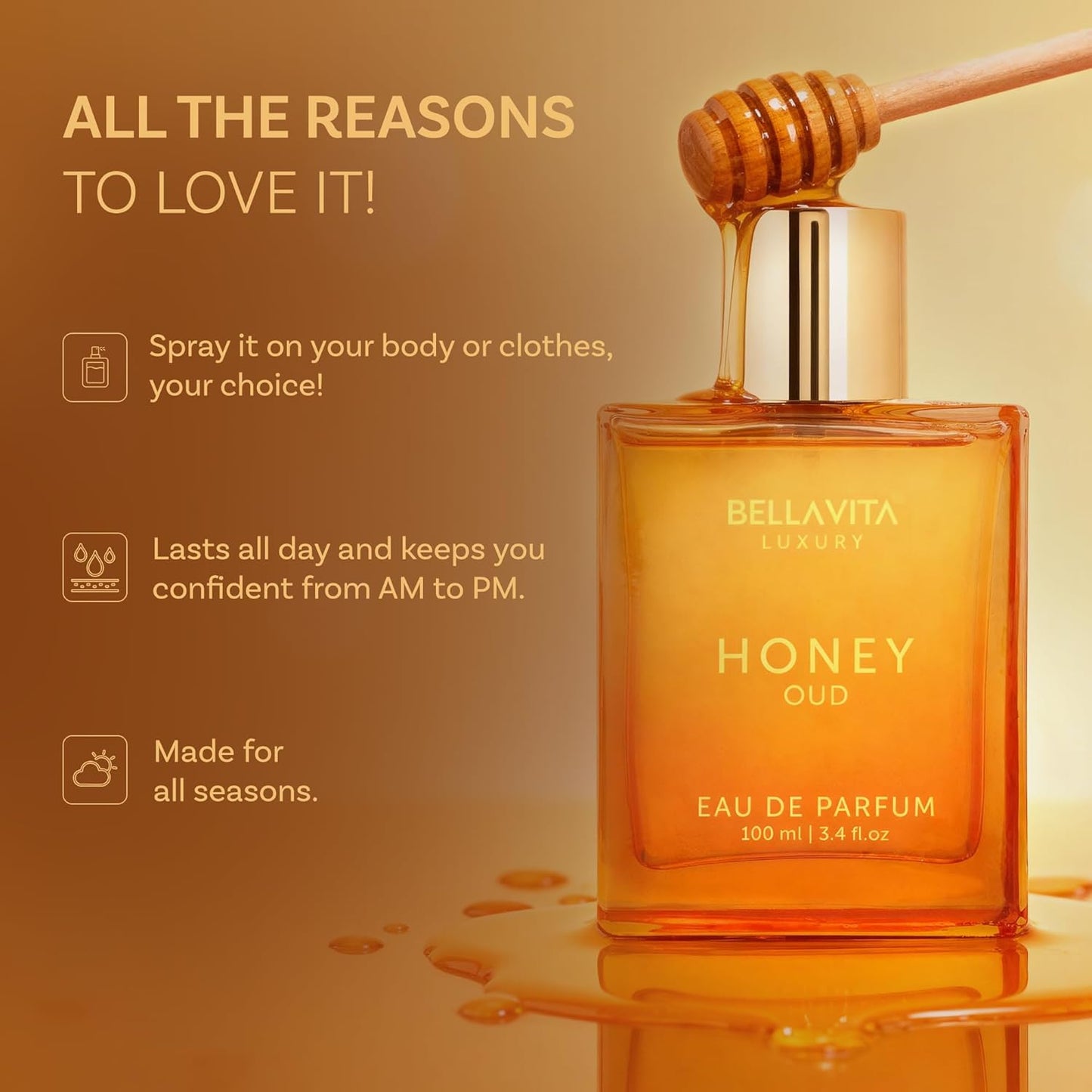 Bellavita Luxury Honey Oud Eau De Parfum – Unisex 3.4 Fl Oz, Long-Lasting Floral, Spicy & Vanilla Fragrance, Clean & Vegan, Cruelty-Free
