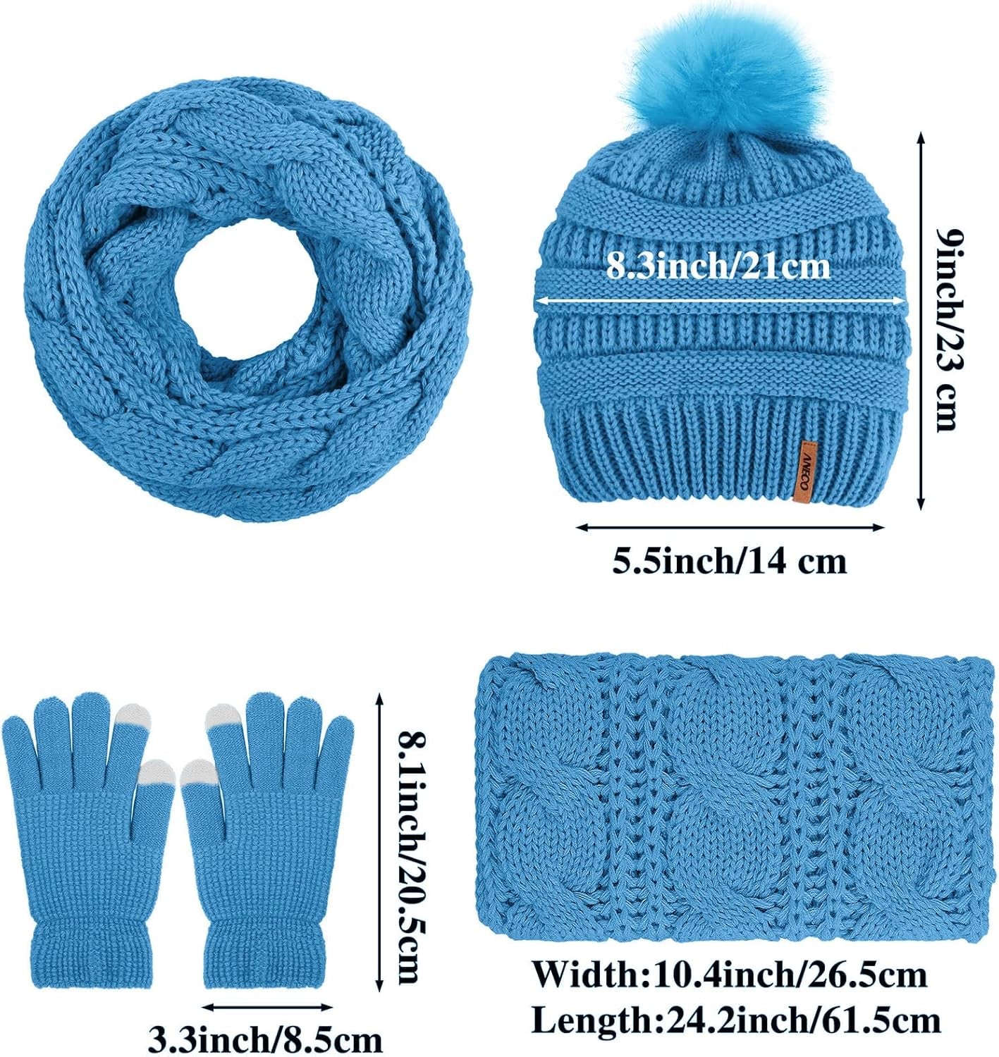 Women’s Winter Warm Knitted Set: Fur Pompoms Beanie, Circle Loop Scarf, and Touch Screen Gloves