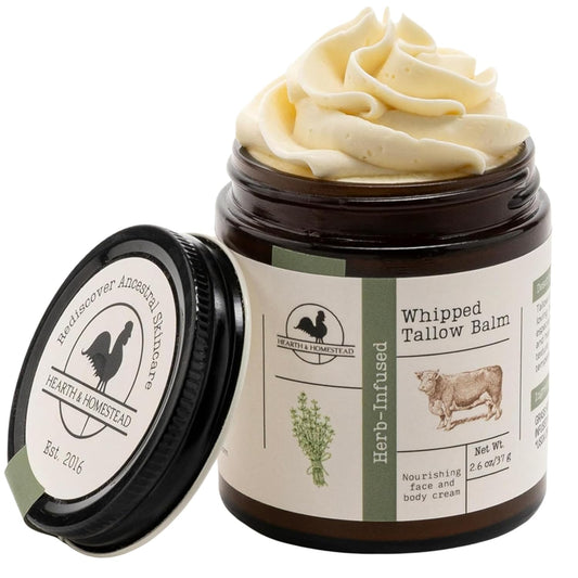 Hearth & Homestead Whipped Grass-Fed Beef Tallow Skin Balm – Organic Face & Body Moisturizer with Olive Oil, Calendula & Rose, Eczema Relief Cream for Dry Skin, Unscented, 1.3 oz