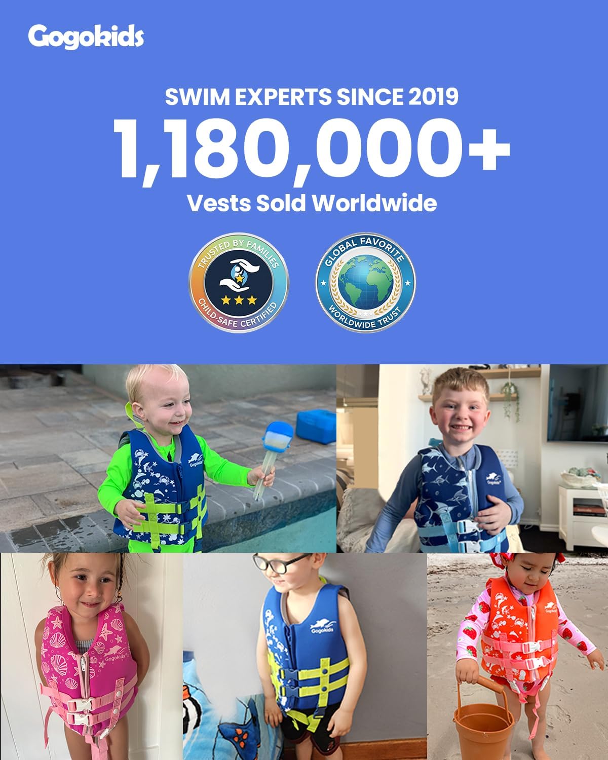 Gogokids Toddler Swim Vest for Kids, Adjustable Floaties Buoyancy Jacket for Boys & Girls, Safe Pool & Beach Swim Aid, Ages 2–8 Years (22–60 lbs)