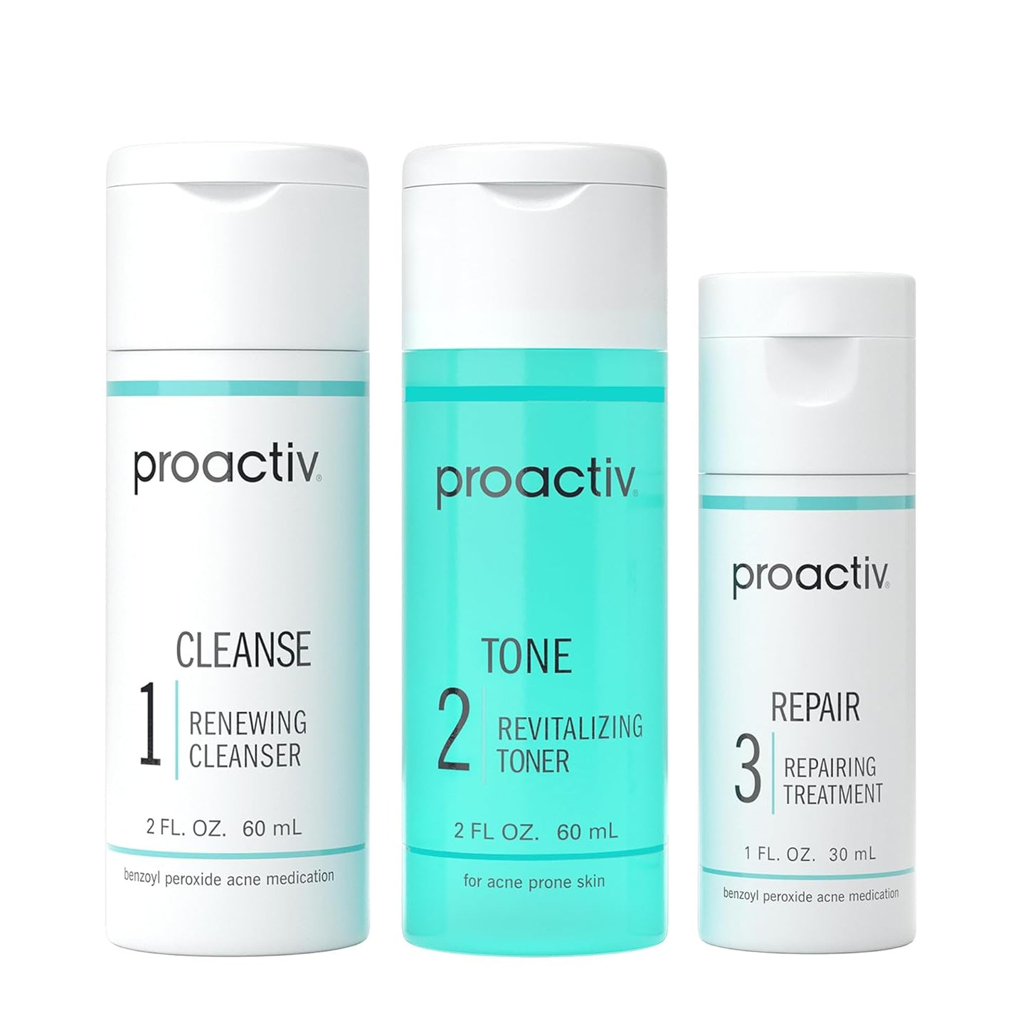 Proactiv 3-Step Acne Treatment – Benzoyl Peroxide Face Wash, Exfoliating Toner, Acne Spot Treatment & Repairing Spot Treatment for Face & Body | Complete 30-Day Kit