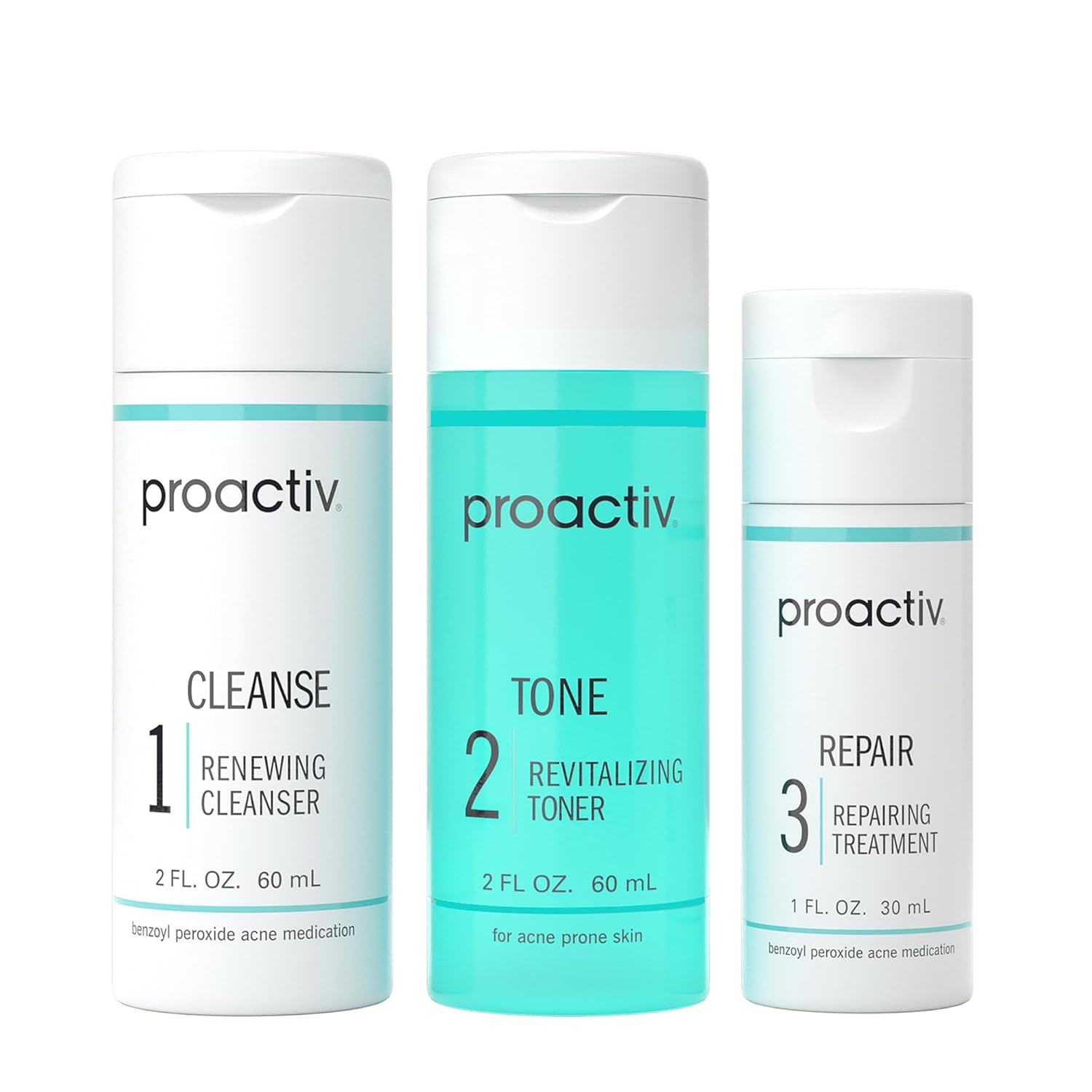 Proactiv 3-Step Acne Treatment – Benzoyl Peroxide Face Wash, Exfoliating Toner, Acne Spot Treatment & Repairing Spot Treatment for Face & Body | Complete 30-Day Kit