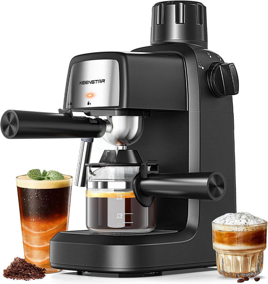  KEENSTAR 3.5 Bar Espresso Machine with Milk Frother – 800W Compact Espresso & Cappuccino Maker with Preheating, 4-Cup Coffee Machine for Latte & Cappuccino, Ideal Gift for Coffee Lovers