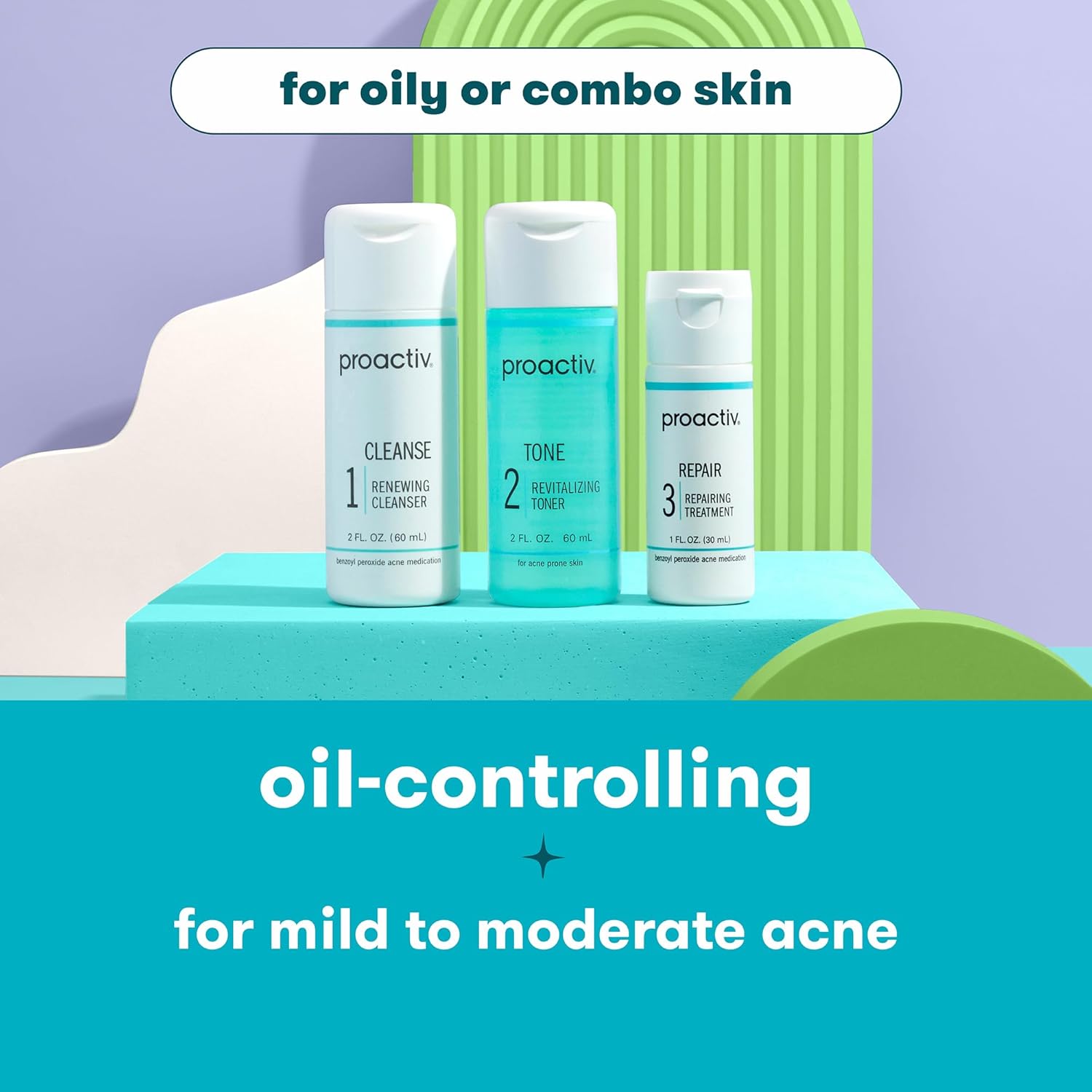 Proactiv 3-Step Acne Treatment – Benzoyl Peroxide Face Wash, Exfoliating Toner, Acne Spot Treatment & Repairing Spot Treatment for Face & Body | Complete 30-Day Kit