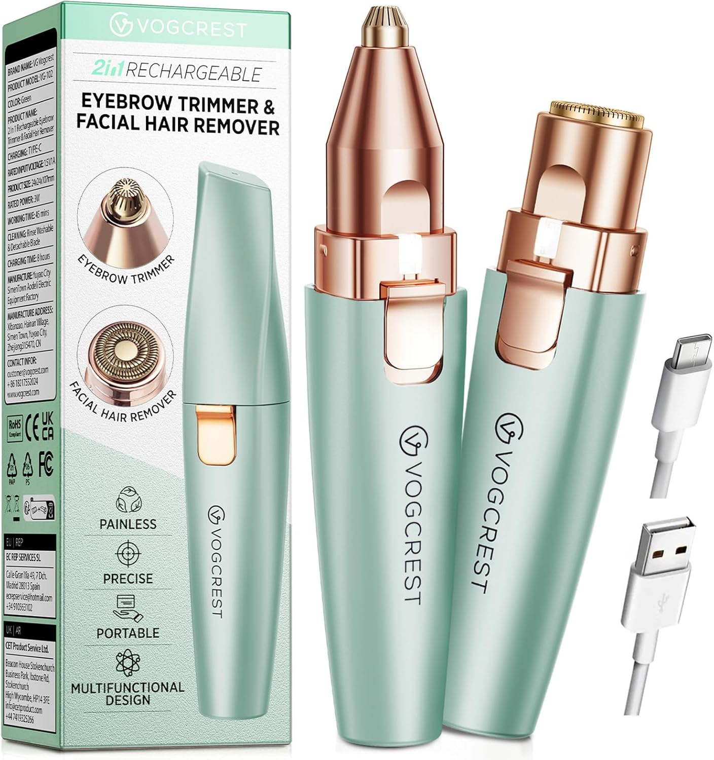 VG VOGCREST Eyebrow & Facial Trimmer – 2-in-1 Rechargeable Facial Hair Removal & Eyebrow Shaver with LED Light (Rose Gold)