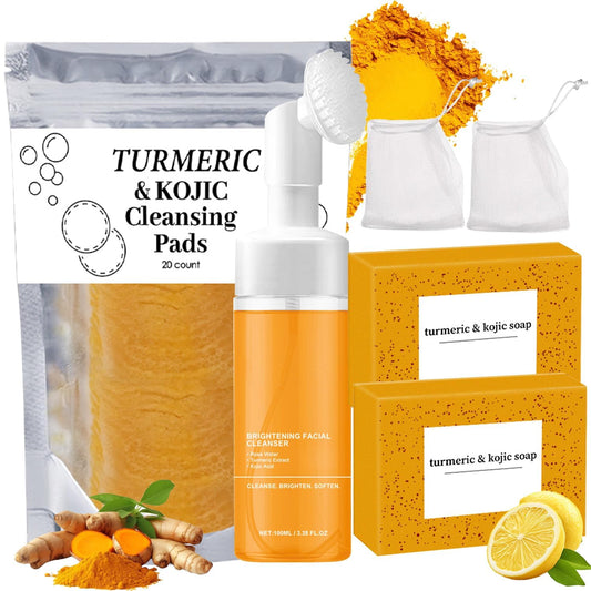 Turmeric Face & Body Care Set – 4-Piece Skincare Kit with Cleanser, Soap Bar, and Scrub Pads | Deep Cleansing & Brightening