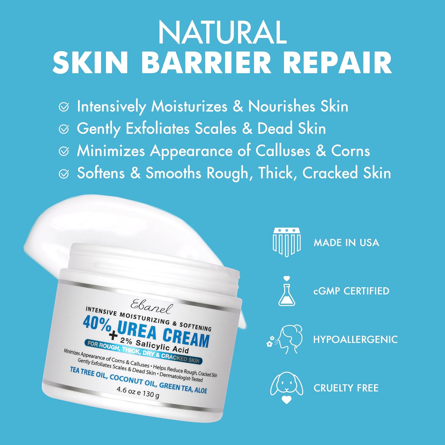 Ebanel Urea Cream 40% + Salicylic Acid 2% – Intensive Foot Cream for Dry, Cracked Heels, Callus & Dead Skin Removal, Skin Barrier Repair