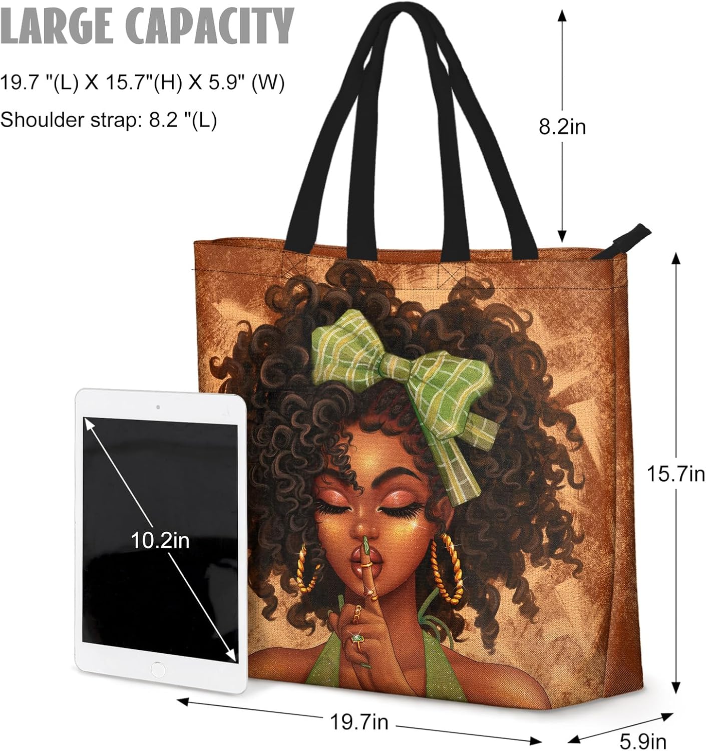 African American Women Tote Bag – Large Black Shoulder Handbag for Work, Travel & Beach | Fits Laptop | Zipper Closure Everyday Tote Bag