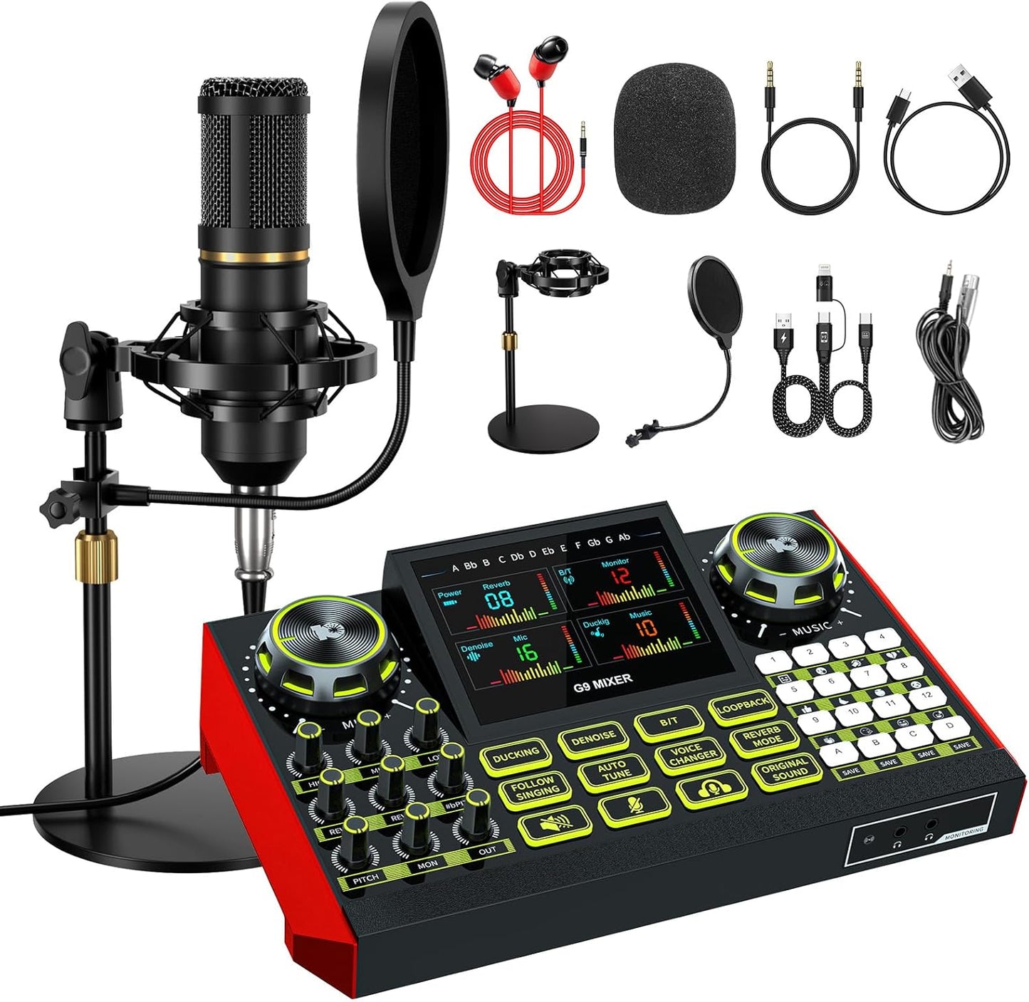 Podcast Equipment Bundle with Live Sound Card Audio Mixer – 3.5mm Condenser Microphone for PC, Phone, Streaming, Gaming & Singing
