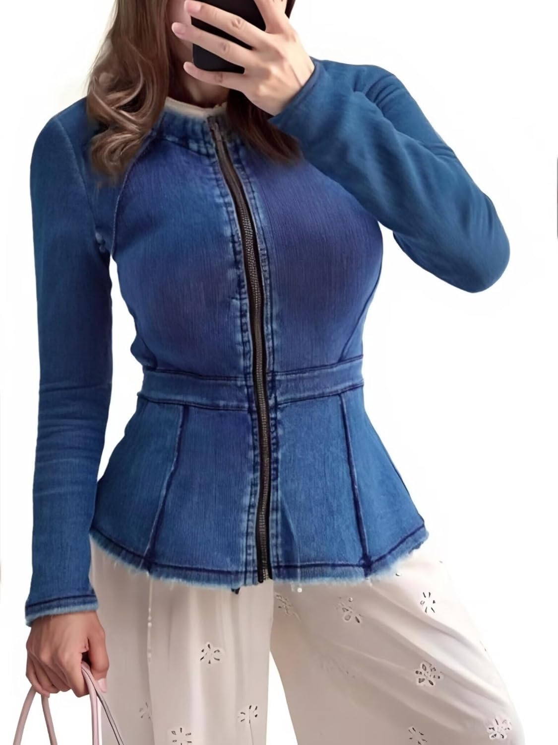 Casual Denim Peplum Jacket for Women – Long Sleeve Zip-Up Ruffle Waist Jacket, Athletic Workout Blazer Coat
