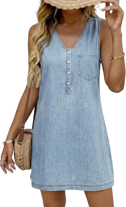 Rooscier Women's Sleeveless V-Neck Button Front Denim Mini Dress – Casual Summer Jean Dress with Pockets