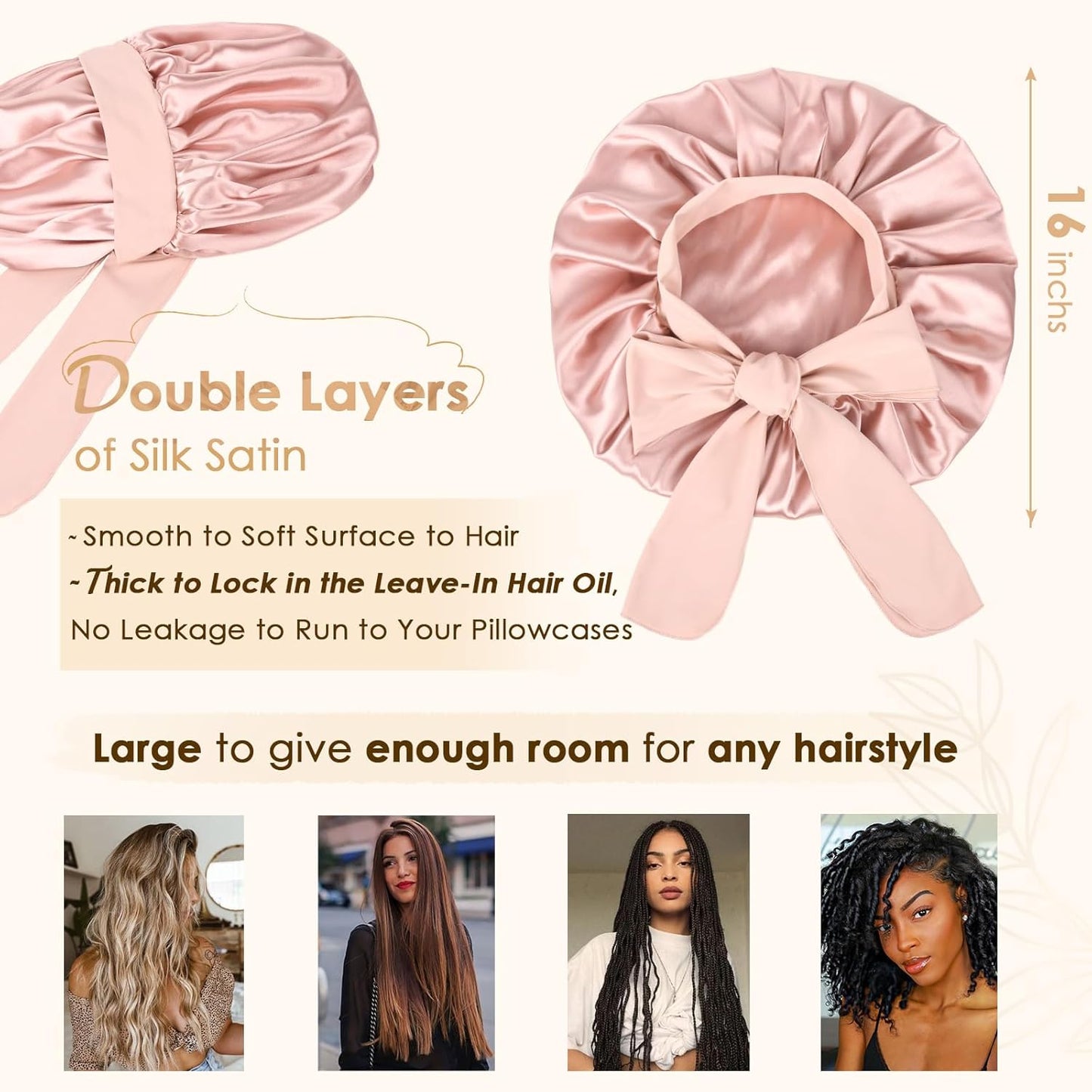 YANIBEST Adjustable Silk Bonnet - Stylish Blush Pink Double Layer Satin Hair Protector for Women, Reduces Frizz and Prevents Messy Hair While Sleeping