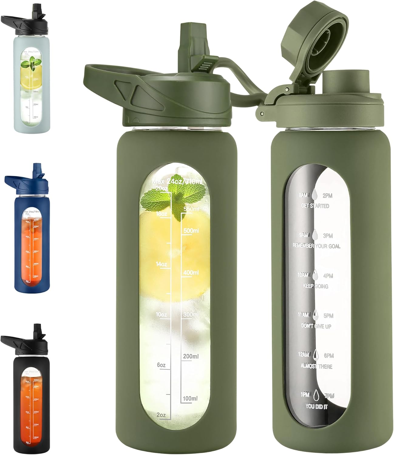 CIVAGO 32 Oz Glass Water Bottle – Leakproof Sports Flask with Straw, Handle, Silicone Sleeve, Time Marker & 2 Lids, Large Gym Water Jug, Black