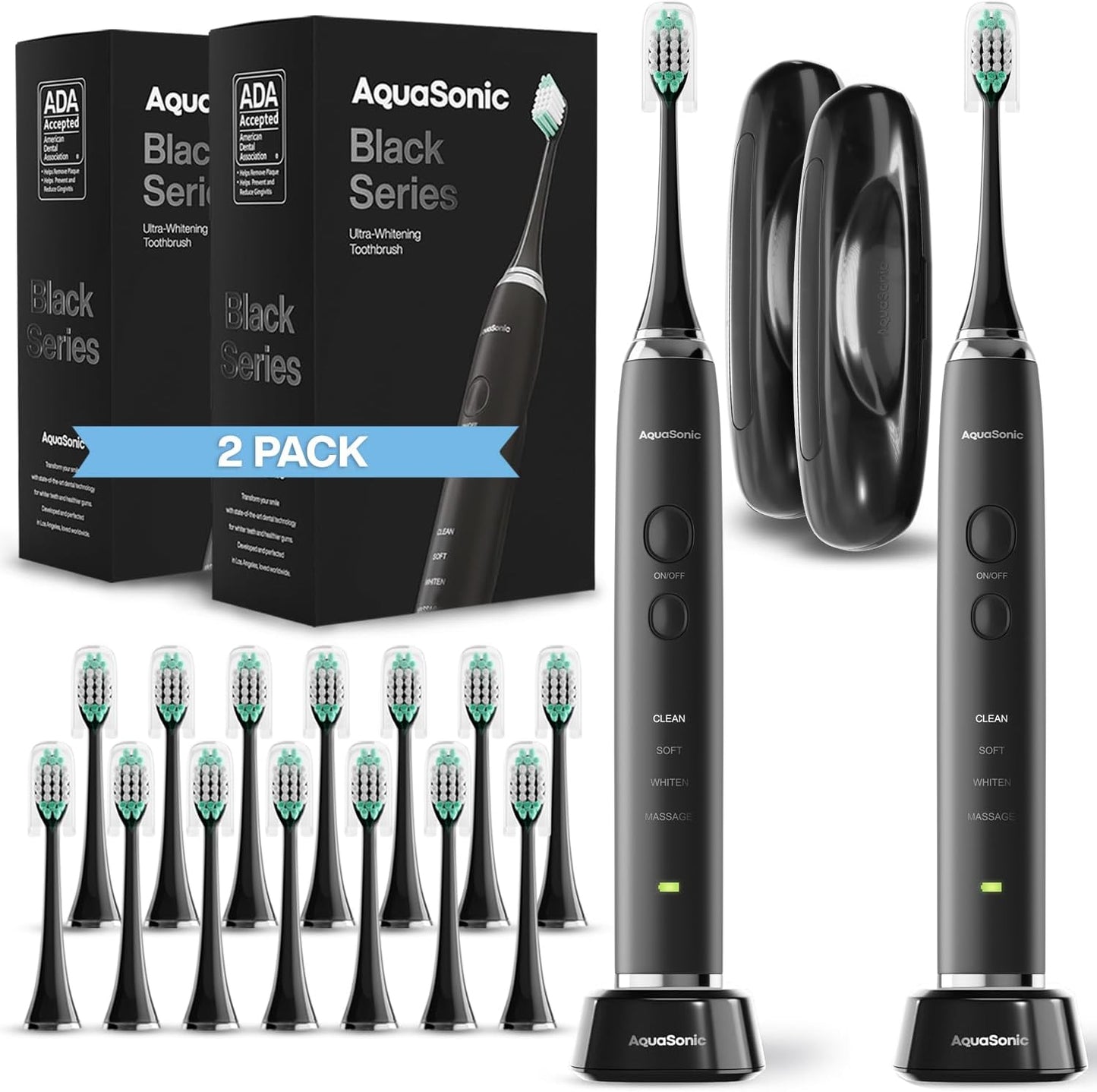 Aquasonic Black Series Ultra Whitening Electric Toothbrush – ADA Accepted, 40,000 VPM Sonic Motor, 4 Modes, Smart Timer, Wireless Charging, 8 Brush Heads & Travel Case