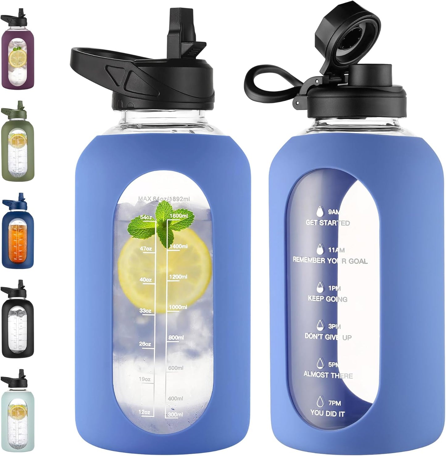 CIVAGO 32 Oz Glass Water Bottle – Leakproof Sports Flask with Straw, Handle, Silicone Sleeve, Time Marker & 2 Lids, Large Gym Water Jug, Black