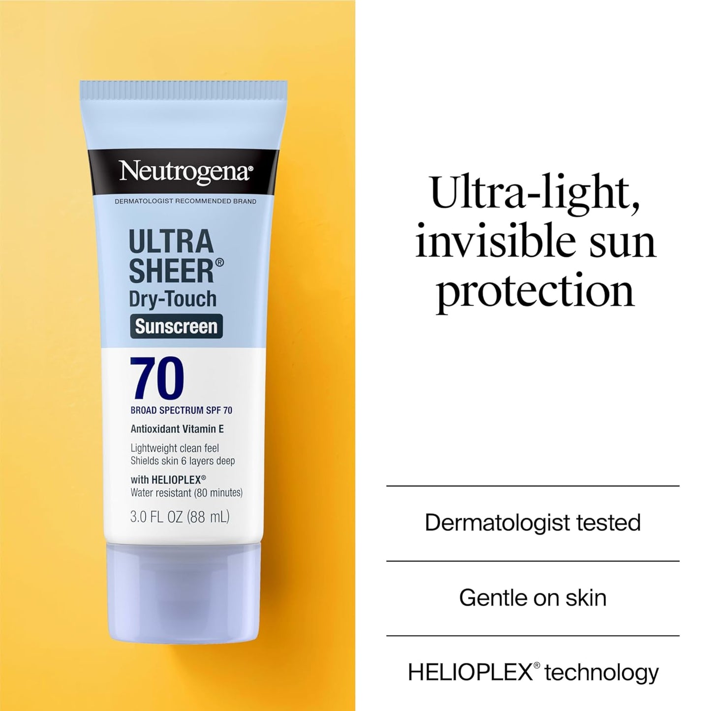 Neutrogena Ultra Sheer SPF 70 Sunscreen Lotion – Dry-Touch Matte Finish, Broad Spectrum Protection, Oil-Free & Non-Comedogenic, Water Resistant 80 Minutes, 3oz Travel Size