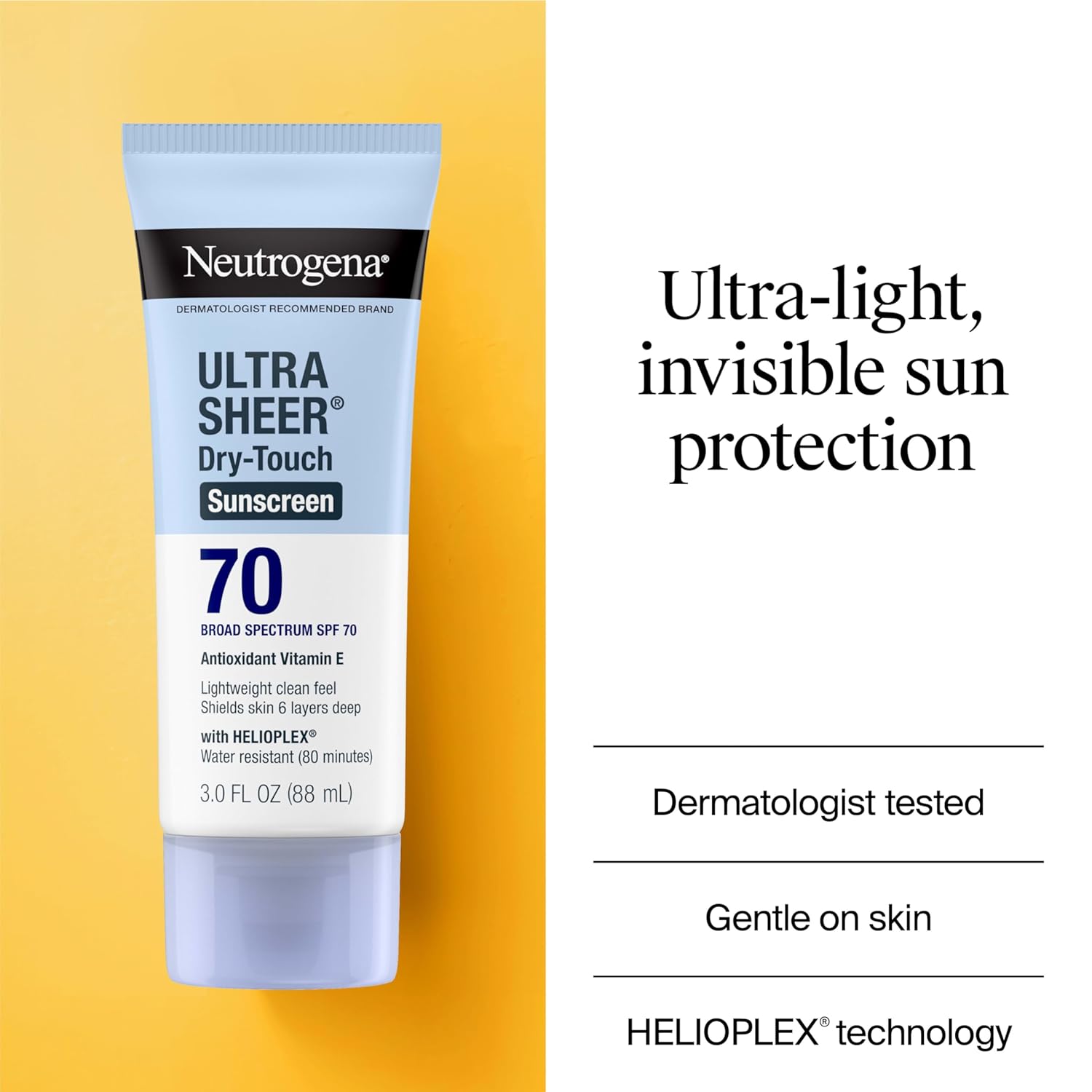 Neutrogena Ultra Sheer SPF 70 Sunscreen Lotion – Dry-Touch Matte Finish, Broad Spectrum Protection, Oil-Free & Non-Comedogenic, Water Resistant 80 Minutes, 3oz Travel Size