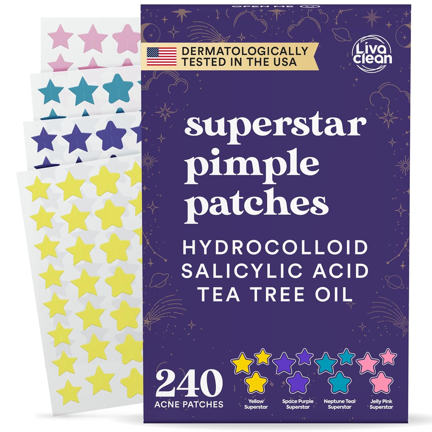 Livaclean Star Pimple Patches for Face – Hydrocolloid Acne Stickers with Tea Tree Oil, Salicylic Acid, Zit Stickers for Fast Healing, & Cute Acne Patch Stickers