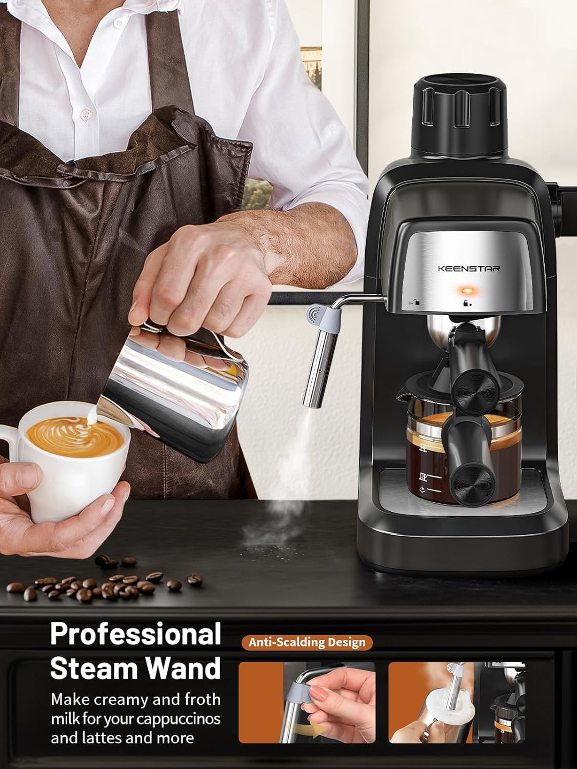  KEENSTAR 3.5 Bar Espresso Machine with Milk Frother – 800W Compact Espresso & Cappuccino Maker with Preheating, 4-Cup Coffee Machine for Latte & Cappuccino, Ideal Gift for Coffee Lovers