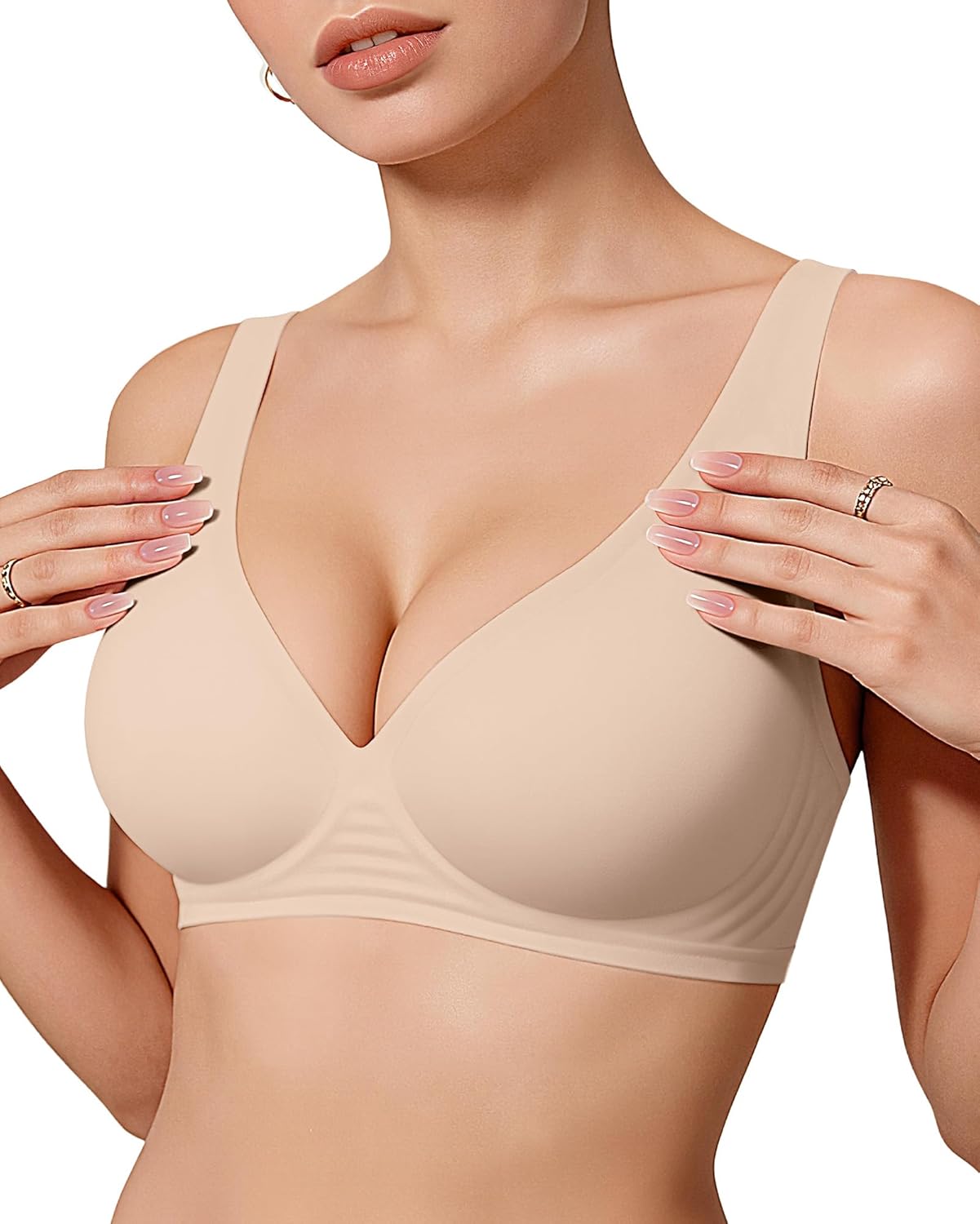 OEAK Women’s Deep V Wireless Bra – Seamless Plunge T-Shirt Bra with Push-Up Support, Comfortable No-Underwire Bralette