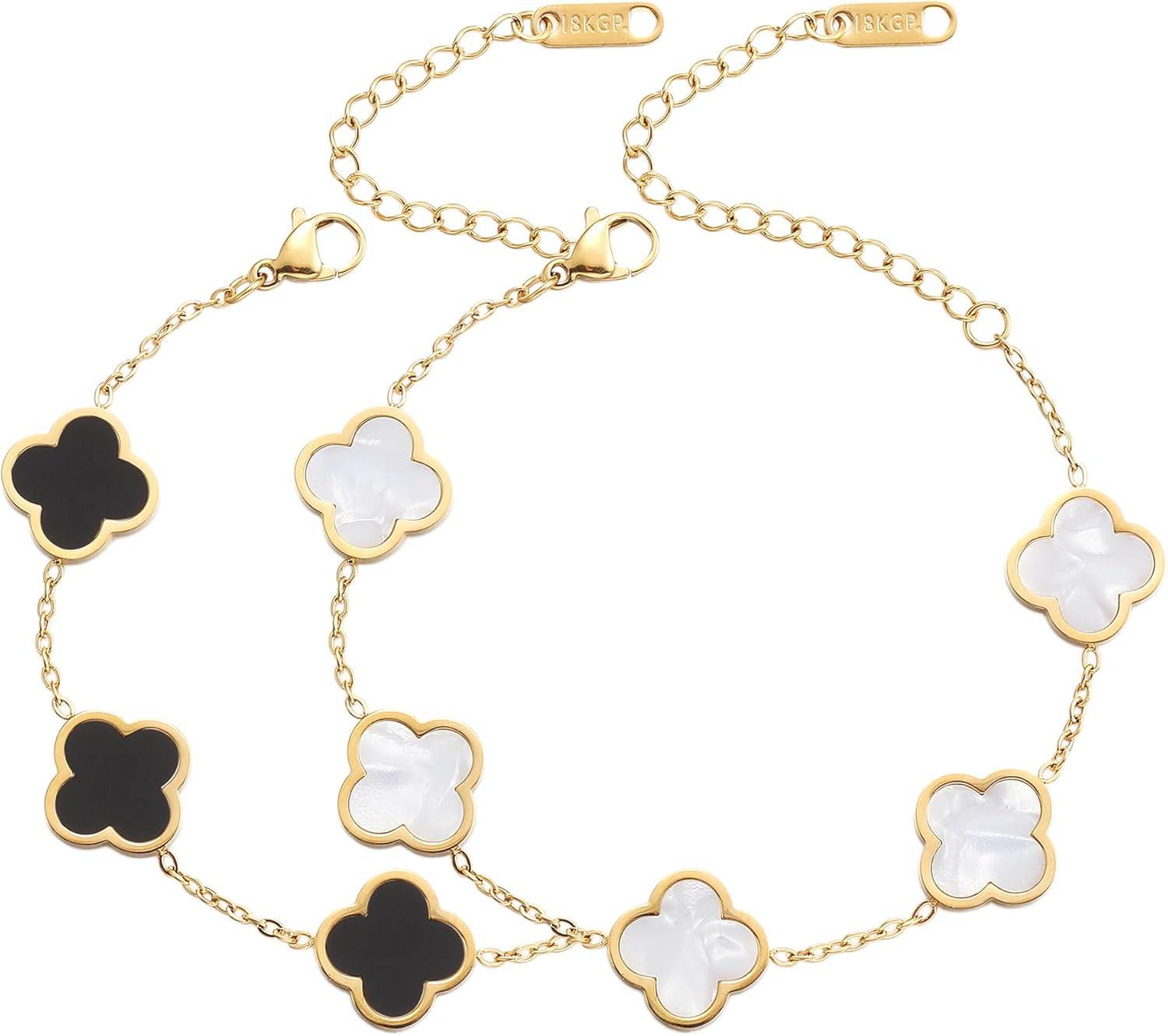 18K Gold Plated Clover Bracelet for Women - Four Leaf Flower Link Lucky Charm Jewelry in Black, White, Red, Pink, Blue and Green