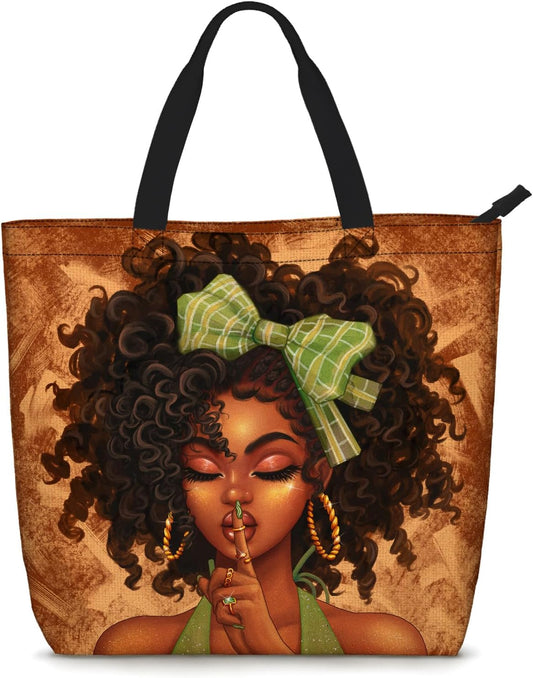 African American Women Tote Bag – Large Black Shoulder Handbag for Work, Travel & Beach | Fits Laptop | Zipper Closure Everyday Tote Bag