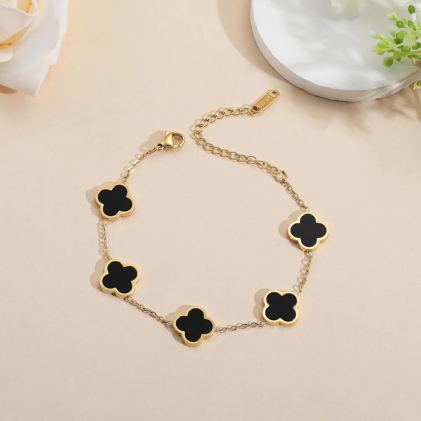 18K Gold Plated Clover Bracelet for Women - Four Leaf Flower Link Lucky Charm Jewelry in Black, White, Red, Pink, Blue and Green