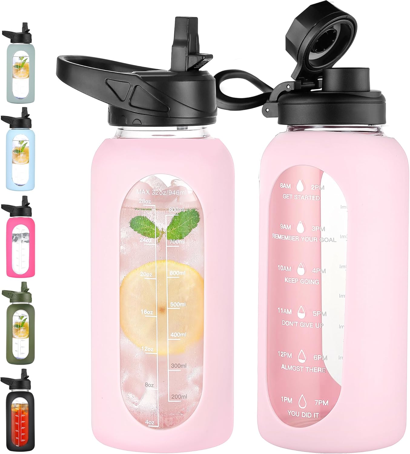 CIVAGO 32 Oz Glass Water Bottle – Leakproof Sports Flask with Straw, Handle, Silicone Sleeve, Time Marker & 2 Lids, Large Gym Water Jug, Black