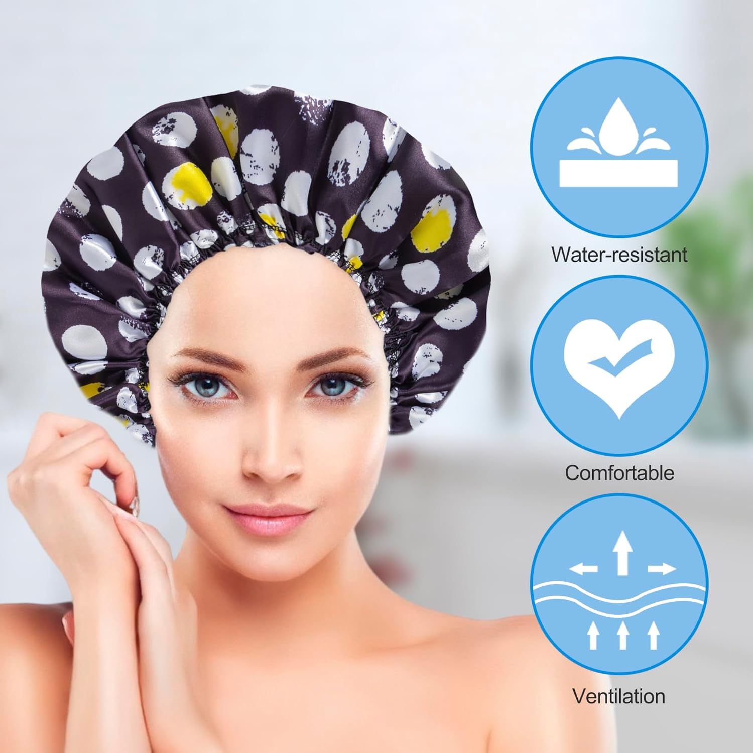 Happtiger Reusable Waterproof Shower Caps for Women, 4PCS Double Layer Hair Caps with 2 Satin Scrunchies, Elastic Bath Caps for Shower, Spa & Hair Care